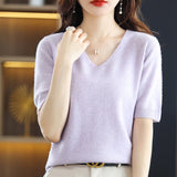 Zingj 2024 New Short-Sleeved Sweater Women's T-Shirt Solid Color V-Neck Short-Sleeved Bottom Shirt Top Thin Style A Hair-Outfit