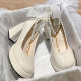 Jane High Heels Women 2025 Spring New Small Roundhead Pearl White Painted Heel