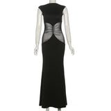 Black Mesh Spliced Design Short Sleeve Maxi Dress- Outfit