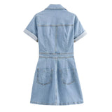 Denim Skirt 2025 Spring And Summer Roll Sleeves V-Neck Single Buckle High Waist Repair A-Word Mini Dress