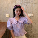 Women Short Solid Peter Pan Collar Puff Sleeve Kawaii Sweet Slim French Style Fashion Designer Student Daily Summer