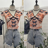 Sexy Hottie V-Neck Butterfly Print Short-Sleeved T-Shirt Slime Short-Navel Net T-Shirt Girl