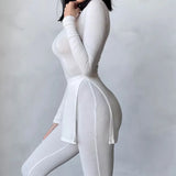 Rib Knitted Casual Solid Two Pieces Sets Women Long Sleeve Sided Split T Shirt Long Pants Outfits Slim Tracksuit