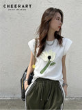 Sleeveless Flower Patch T Shirt Women 2022 Summer Top Cotton Crew Neck Casual Tshirt Korean Fashion Aesthetic