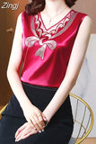 Fashion Top Woman V-neck Tank Tops Printed Vintage Ladies Crop top Female Women's T-shirt Satin Lace Summer Woman