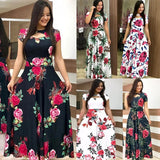 Summer New Elegant Women's Maxi Dress Bohmia Casual Flower Print Robe Fashion Hollow Out Ladies Short Sleeve Dress