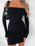 Slash Neck Off Shoulder Short Mini Pencil Dress for Women 2023 Long Sleeve Spring Fall Ribbed Slim Fit Dress