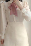 Women Solid Color Long Puff Sleeve Tops Women Pearl Button Cardigan Shirts Sweet Tassel Lace Splice Bow Tie Blouse Blusas
