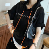 Fashion Women Short Sleeve Loose T-shirt All-matched Casual Hooded Tee Shirt Femme Letter Print Tops 100% Cotton