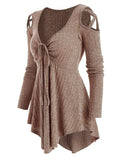 Long Sleeve Autumn Knitted Sweater Women Pullover Cold Shoulder Front Drawstring Ribbed Knitwear Solid Women