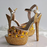 Fish Mouth High-Heeled Sandals Fine Heel Water Diamond Wedding Shoes Bride Shoes Color Diamond Crystal Sandals Full Of Diamond