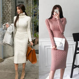Winter Women Sheath Knitted Warm Dress Fashion Turtlenek Hemp Flowers Bodycon Thick Dress Split Pencil