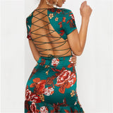 Green Criss Cross Back Frill Hem Shift Dress Streetwear Sheath Flora Print Short Sleeve Above Knee Mini Summer Party