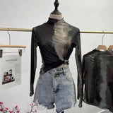 Real Shooting Wave Side Half-High Collar Net Yarn Dyed Long Sleeve Thin Inside The Bottom Shirt Autumn And Winter Folded T-Shirt