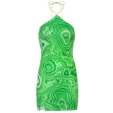 Wave Print Sexy Backless Halter Dress Women Party Summer Sleeveless Short Dress Elegant 90s Fashion