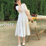 Puff Sleeve Dress Women Peter Pan Collar Calf-length Elegant Solid Pleated Korean Sweet Girls Female Stylish Purple