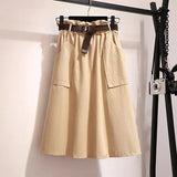 Knee Length Summer Autumn Skirt Women No Belt Casual Cotton Solid High Waist Sun School Skirt