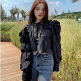 Puff Sleeve Crop Top Pleated Long Sleeve Blouse Women Black White Designer Top High Fashion Spring 2022 Womens