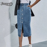 Single Breasted Knee Length Denim Skirt Women Streetwear Casual Pocket High Waist Straight Jeans Skirt