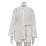 Zingj Suit 2024 Spring Autumn New Fashion Cotton Embroidered See-Through Shirt High Waist Shorts-Outfit