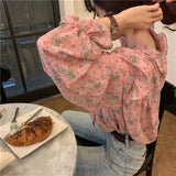 Women Sweet Girls Spring Floral Short Chiffon Ruffles Butterfly-Sleeve V-neck All-match Trendy Holiday Prairie Chic