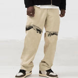 Spring Summer Casual Pants Mens Fashion Mid Waist Pants Hipster Streetwear Vintage Cross Print Loose Straight Trousers