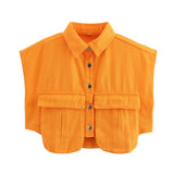Color Women's Clothing 2025 Spring Solid Color Big Pocket Sleeveless Polo Collared Denim Shirt