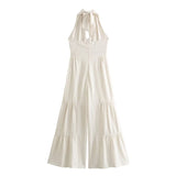 2025 New Fashion Hanging Neck Collar Show Back Buckle Solid Color One-Piece Wide Leg Pants Pants Women