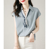 Summer New Color Removable Bow Tie French Commuting Shirt With Shoulder Short-Sleeved V-Neck Collar Collar Shirt