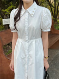 Kitty Elegant Lapel Flowers Women Dress Close Waist Summer Slim Stylish All Match Office Lady High Street Short