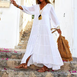 Spot 2025 Women's Summer And Autumn Bohemia Pure Color V-Neck Loose Long-Sleeved Cotton Linen