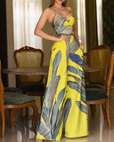 New Boho Summer Party Wear Women's Sexy Tropical Print Pocket Wide Leg Jumpsuit Casual Sleeveless Long Pants