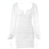 V-Neck Puff Sleeve Ruched Dress Women Party Double Layer Long Sleeve Sexy Mini Dresses Elegant Femme Clubwear