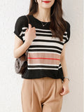T Shirt Summer Fashion New Patchwork Striped Casual Knitting Tops Female O Neck Short Sleeve Loose Thin Tee Shirts