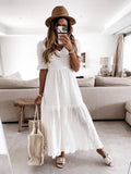 Beach Short Sleeve Long Party Dress Summer Fashion Slimming Backless White Dress Women Ruffle Maxi Solid Color Dress