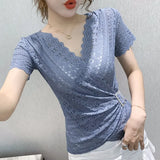 Women lace tops New Arrivals Summer short sleeve v-neck women blouse shirt Sexy Hollow out lace tops plus size