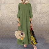 Vintage Maxi Dress Summer Solid O Neck Stitching Printed 3/4 Sleeve Side Buttons Dresses Loose Casual Long Dress Plus