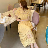 Elegant Midi Lace Dress For Women Fashion One Piece Offcie Lady Korea Style Party Cothing