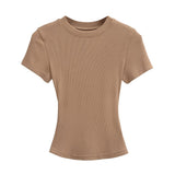 Zingj Trend Women's Wear Thread Slim Short-Sleeved T-Shirt Sexy Round Collar Solid Color Shoulder Show Thin Short Navel