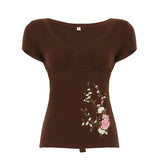 Vintage Small Flower Embroidery Collage V-Neck Slimming Design T-Shirt With Thin