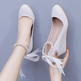 Cm White Beads Thick Bottom Heels Mary Jane's Shallow Mouth Single Shoe Ribbon Thin Wedding Dress High