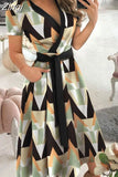Women Summer Long Dress Short Sleeve V Neck Solid Vintage Elegant Chic Shirt Dress With Belt Office Ladies Party
