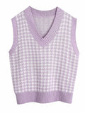 V-neck Sweaters Women Sleeveless Print Casual Y2K Loose England Style Patchwork Knit Autumn Winter Tank Tops