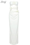 Halter Flower Cut Out Slim Long Dress Elegant White Sleeveless Skinny Cutout Floral Pleated Maxi Dress Club Party