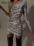 One Shoulder 2021 Autumn Winter Sequins Dress Women Sexy Mini Club Bodycon Dresses Party Elegant