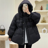 Korean Version Sweet Short Down Jacket Female 2024 Winter New Fashion Draw Rope Design Sense White Duck Down Add Thick Coat-Outfit