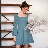 Solid Casual Spring Mini Dress Puff Sleeve Square Neck Elegant Slim Party Dress Ladies Vintage A Line Women Dresses