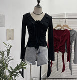 Han's New V-Neck Flower Irregular Lotus Leaf Edge Ribbon Slim Thin T-Shirt Short Top