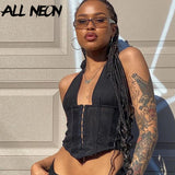 2000s Aesthetics Backless Black Corset Tops Fashion Sexy Lace-Up Deep V-neck Halter Crop Tank Top Clubwear