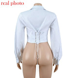 Lace Up White Sexy V-Neck Women Tops and Blouses Long Sleeve Fashion Crop Tops Shirts Ladies Blouses